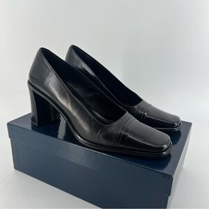 Joan & David Square Toe Block Heel Size 7.5 Black Leather Pumps